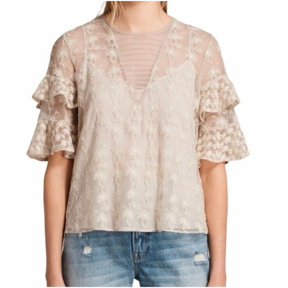 All Saints Tops - All Saints Top Womens 2 Beige‎ Henrietta Lace Ruffle Blouse Embroidered Floral